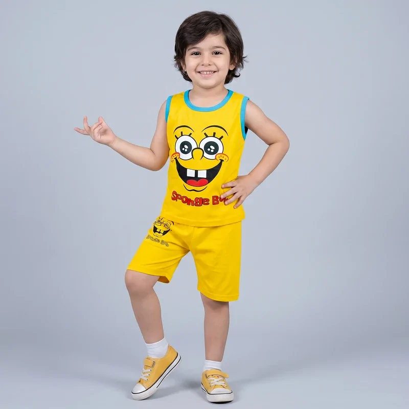 ست تاپ و شلوارک راحتی پسرانه مدل Sponge Bab